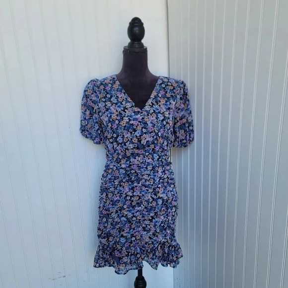Allison & Kelly Dress Womens Blue Floral Short Slv Keyhole Mesh Rutched Ruffle M - Picture 1 of 16